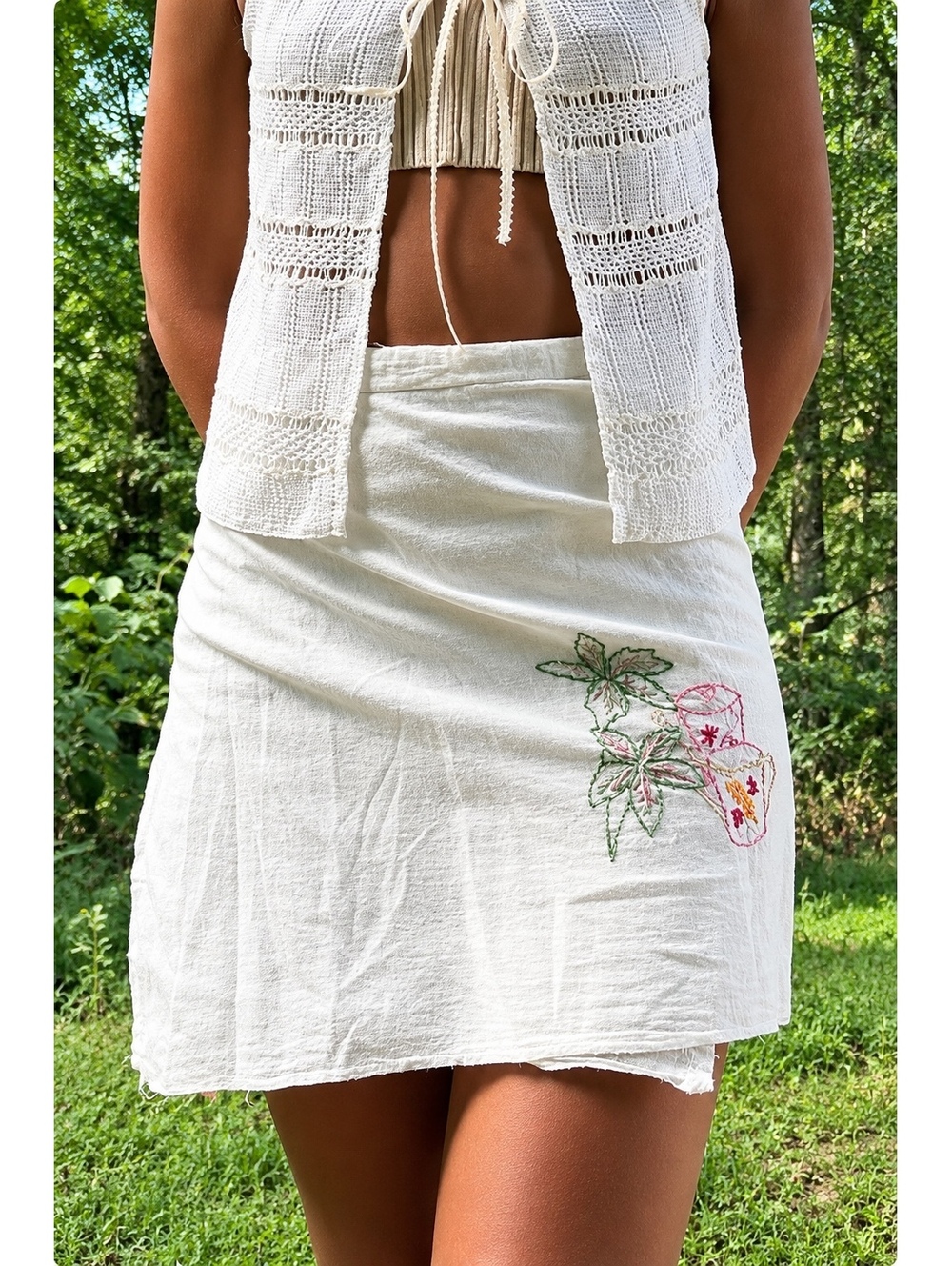 Hand Embroidered White Wrap Skirt